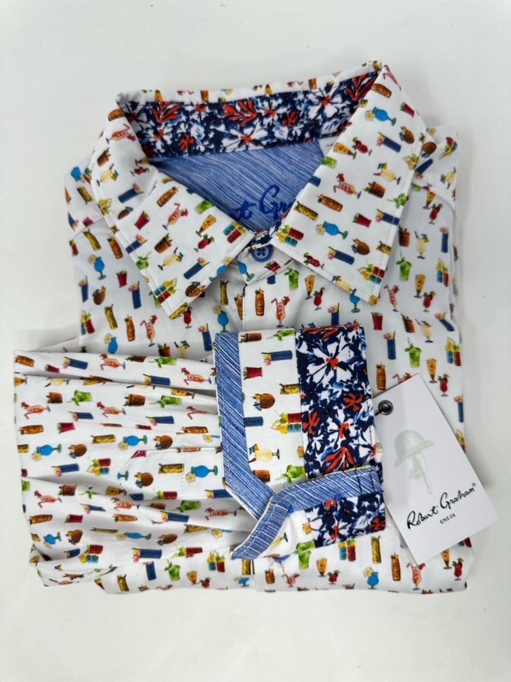 Robert Graham Mens Classic Fit Cocktail Print Long Sleeve Shirt Coral Brews M